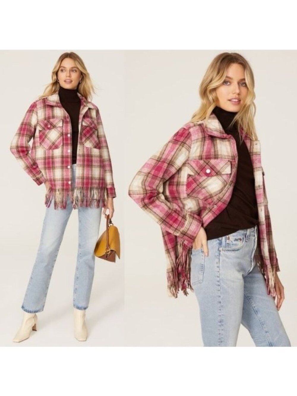 NWT BlankNYC Woodstock Wool Plaid Fringe Shacket XS Pink Oversized Fleece